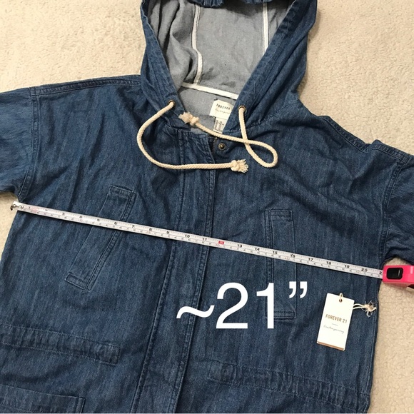 SOLD Forever 21 Denim Hoodie Jacket Oversized Parka Blue Pit to Pit 21” Size XS - Picture 8 of 16